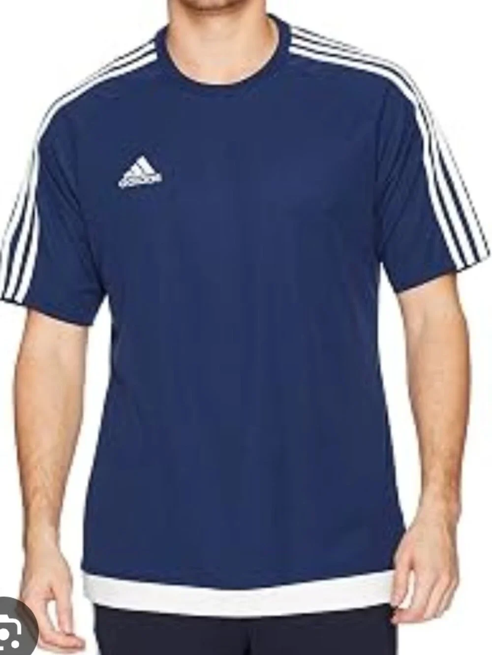 adidas Navy Short-Sleeve Athletic Tee with White Stripes,  Size Medium
